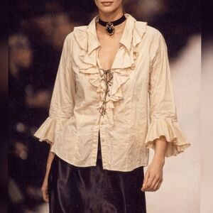 Dress-U by Sharon Vintage 90s Y2K Ivory Cotton Ruffle Women's Peasant Top Sz L